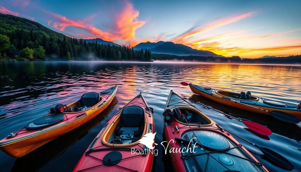 Fishing kayaks on a lake