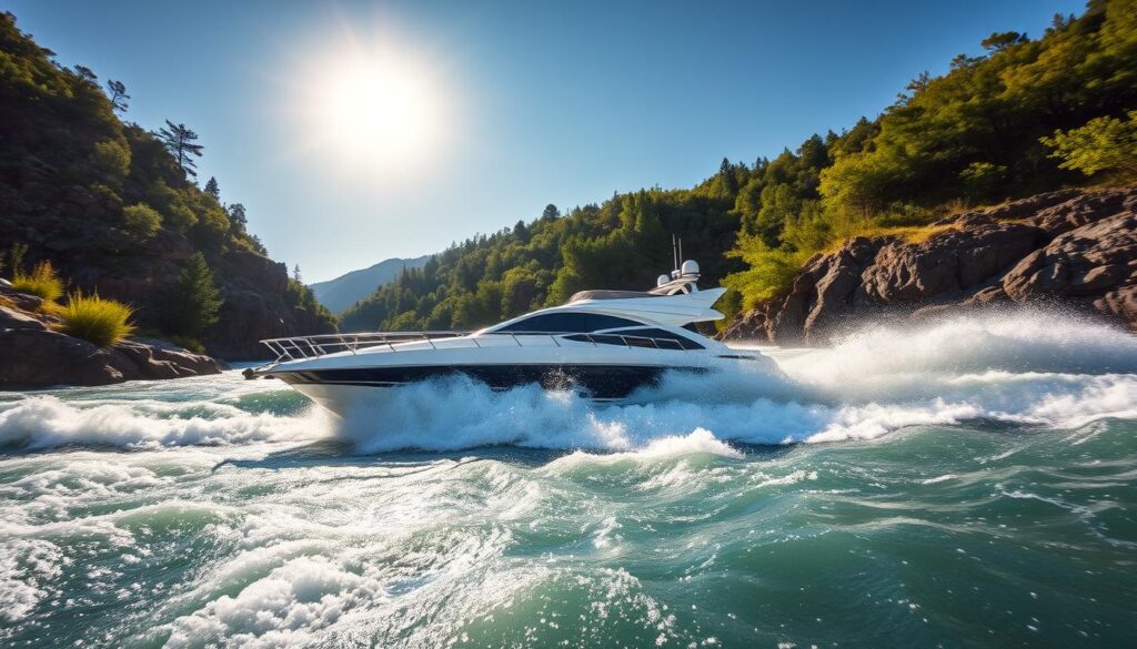 River jet boating through whitewater rapids